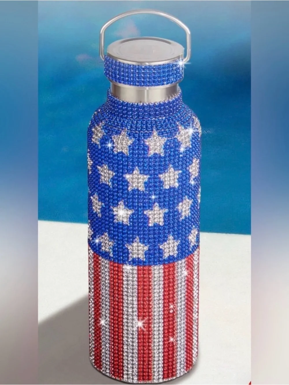 American Flag Rhinestone Water Bottle - Blue/Red/Silver